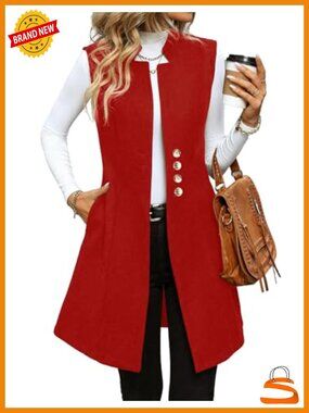 Wool Blend Long Sleeveless Coat Dressy Casual Trench Vest with Pockets